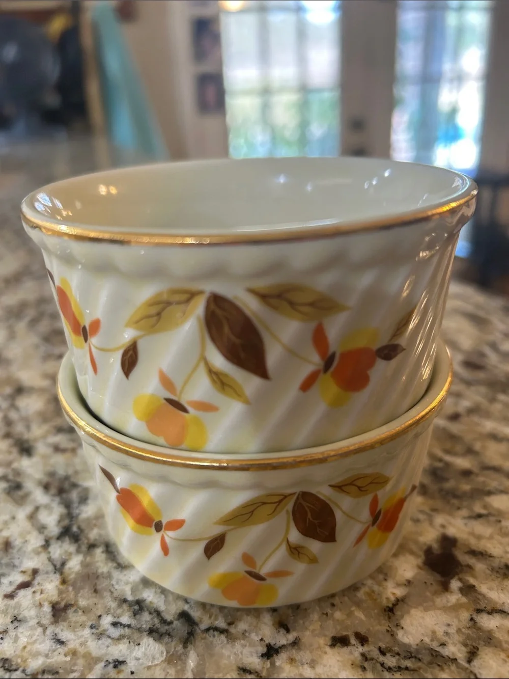 Vintage Hall Jewel Tea Autumn Leaf Gold-Trim Ramekins 4” Desert Cups-Set of 2